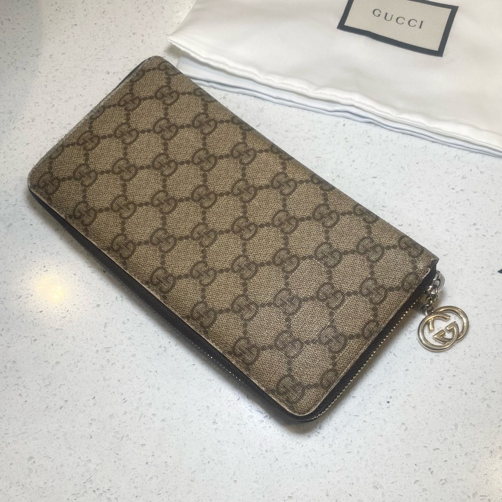 Gucci Brown Monogram Zip  Wallet
